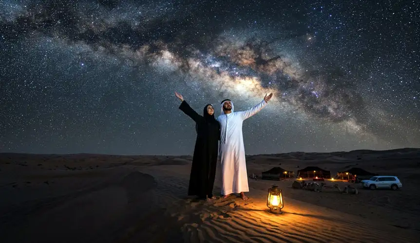 Two people standing on a sand dune, pointing at the vibrant Milky Way galaxy stretching across the night sky, illustrating A Complete Guide to Stargazing in the Riyadh Desert with lanterns and a desert camp in the distance.