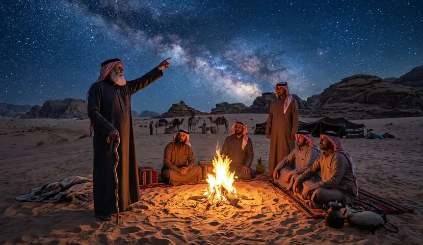 A group of Bedouin travelers sitting by a campfire under a vast Milky Way galaxy, illustrating A Complete Guide to Stargazing in the Riyadh Desert through historical navigation and cultural storytelling.