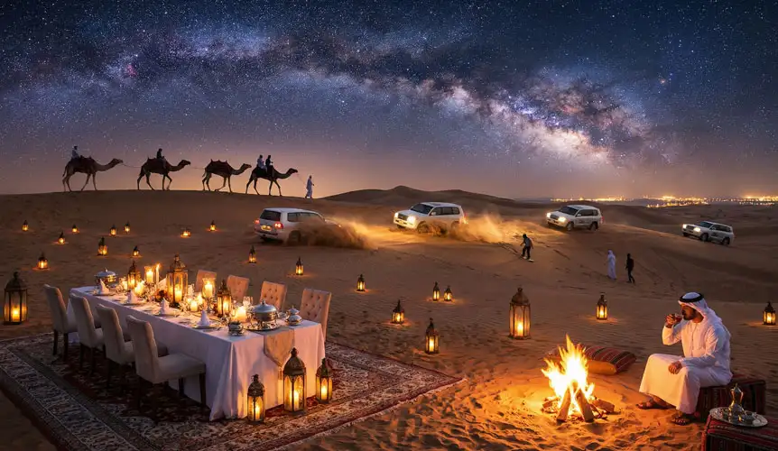 A vibrant scene featuring 4x4 vehicles dune bashing and a camel caravan in the background, transitioning into a calm, lantern-lit outdoor dining area, illustrating the variety of Desert Dinner Experiences Near Riyadh You Must Try.