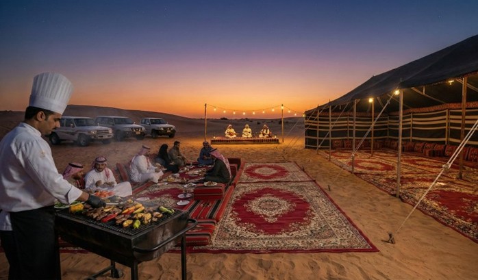 A chef tends to a smoking barbecue grill, preparing a meal for an Evening Desert Safari Riyadh with BBQ Dinner. Guests in traditional attire are seated on red carpets and cushions, enjoying their meal under a twilight sky