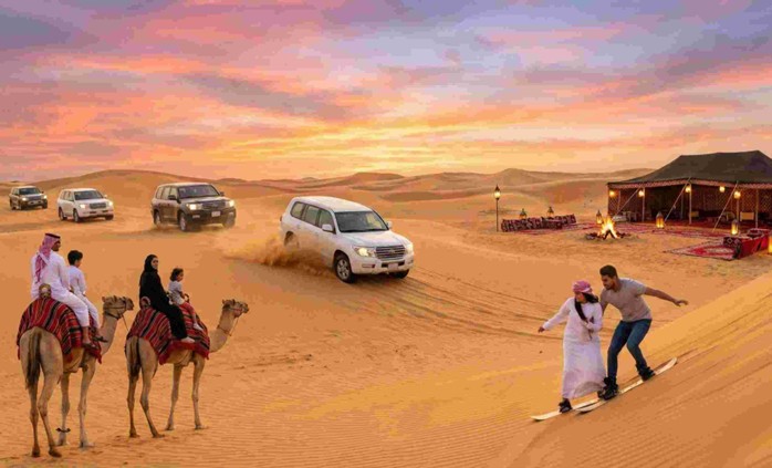 A vibrant sunset scene in the desert featuring 4x4 SUVs dune bashing, families riding camels, and people sandboarding near a traditional Bedouin camp with lanterns, illustrating the activities often found in Evening Desert Safari Riyadh Price & Packages.