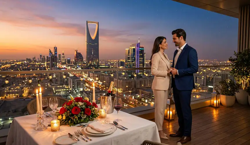 A couple holding hands at a beautifully set candlelit table on a luxury rooftop at sunset, demonstrating How to Plan a Romantic Anniversary in Riyadh with city views.