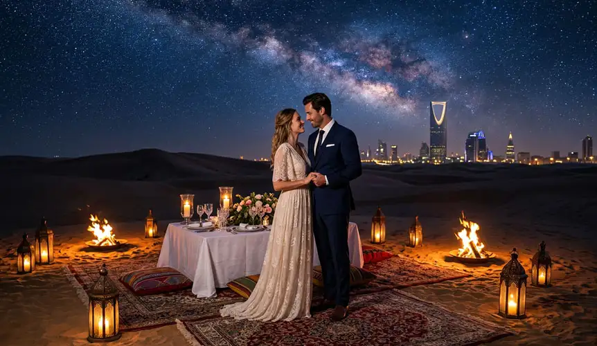 A romantic lantern-lit dinner setup on sand dunes with traditional cushions and a bonfire, illustrating How to Plan a Romantic Anniversary in Riyadh for a private and magical evening.