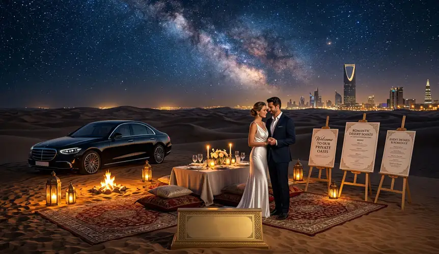 A grand outdoor desert setup featuring a luxury sedan, fine dining menus on easels, and a couple looking toward the city skyline under a galaxy of stars, showing How to Plan a Romantic Anniversary in Riyadh with a high-end touch.