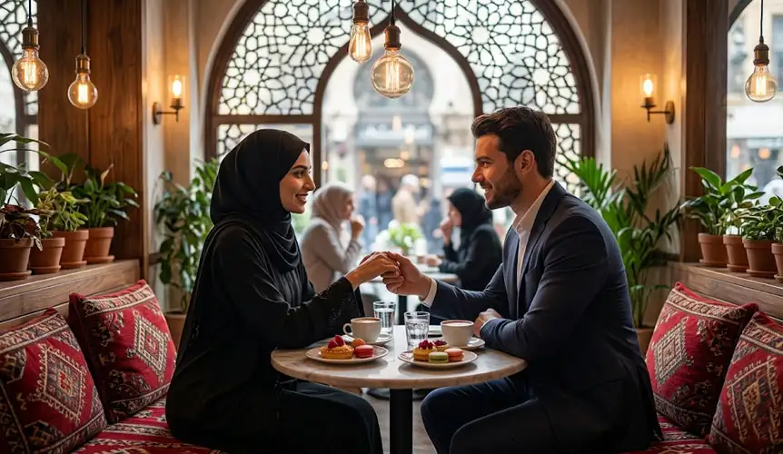 A couple sharing coffee and desserts in a beautifully decorated, modern café, highlighting the relaxed and intimate atmosphere often found in the Best Romantic Things to Do in Riyadh for Couples.