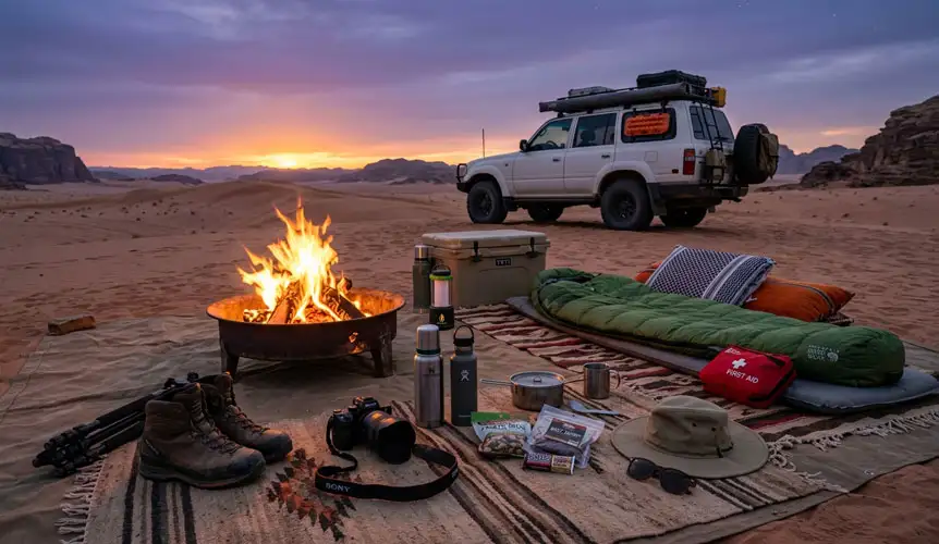 An organized layout of camping essentials including a sleeping bag, warm clothing, hydration flasks, and a first-aid kit on a desert rug, detailing What to Pack for an Overnight Desert Camping Tour in Riyadh at sunset.