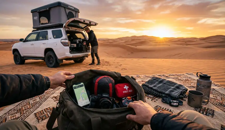 A person organizing gear at sunset, placing electronics into sealed pouches to protect them from sand, showcasing What to Pack for an Overnight Desert Camping Tour in Riyadh for a stress-free adventure.
