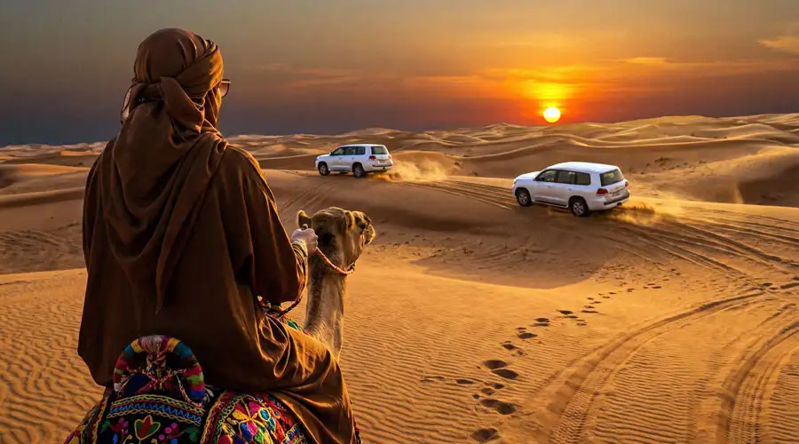 Rear view of a person in traditional dress riding a camel across sand dunes at sunset, with two 4x4 vehicles driving in the distance.
